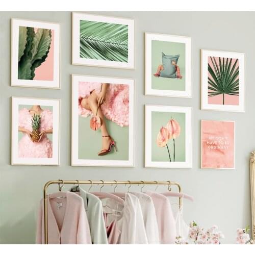 Green Pink Cactus Palm Leaf Long Skirt Girl Wall Art Canvas Painting Nordic Posters And Prints Wall Pitures For Living Room Club