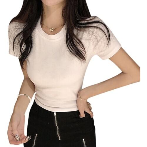 Women Korean Style Round Neck Print Tee Shirt Summer Ladies Short Sleeve Tight Slim Fit Bottoming T-Shirt