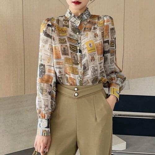 Women Blouse Stand Collar Geometric Printing Office Lady Daily Tops Fall Ruffles Patched Button Up Camisas Mujer Casual Shirt