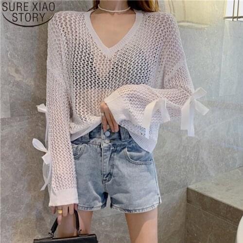Women Knitted Tops Summer Thin Long Sleeve Bow Blouse Hollow Out Pullover Loose V Collar Air-conditioning Sunscreen Shirt 14927