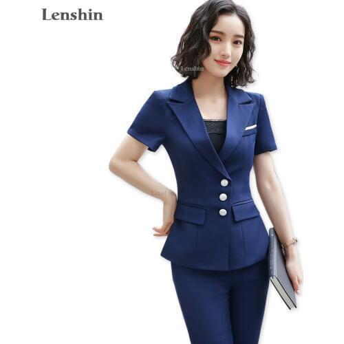 2 Pieces Set Pant suit Summer Wear V-neck Formal Uniform Style Women Office Lady Work Blue Jacket with Trouser