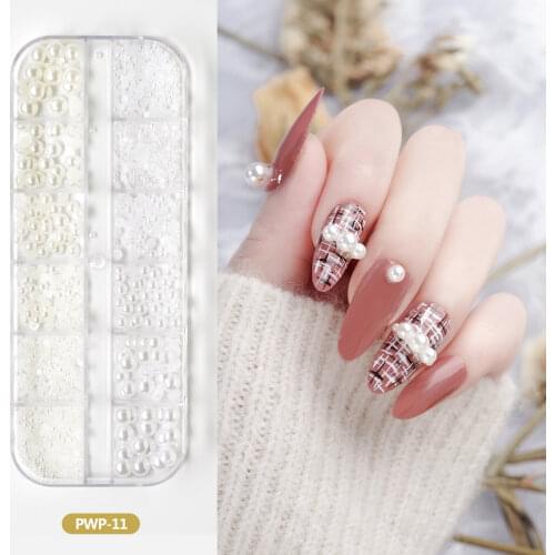 12 Grids/Box Mix Size 3D Nails Pearls Decor Micro Beads Charm Semicircle-Pearl Rhinestones Manicure DIY Nail Art Decorations