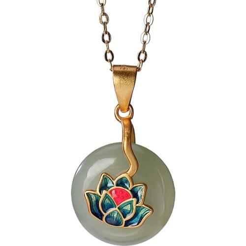 925 sterling silver gold plated cloisonne Hetian gray jade pendant vintage Lotus peace buckle pendant