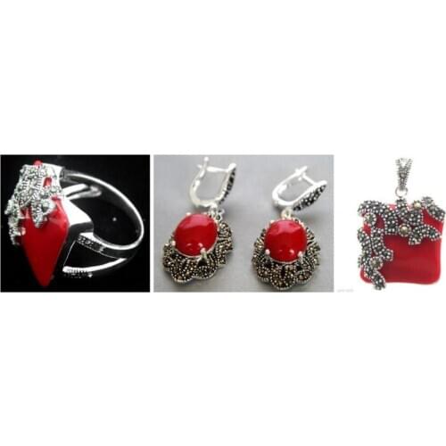 Free Shipping Fashion designed Red Carved Lacquer Marcasite 925 Sterling Silver Oval Ring(#7-10) Earrings & Pandent jewelry set