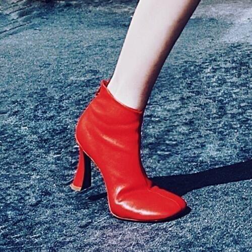 British Style Square Toe Ankle Boots Women Brand Elegant Office Thick High Heel Boots Fashion Genuine Sheepskin Red Booties