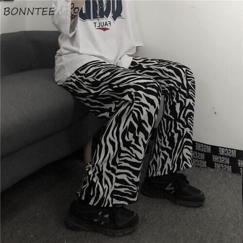 Casual Pants Women Straight Streetwear All-match Elastic Waist Daily Spring Oversized Zebra-print Baggy Trendy Students BF Style