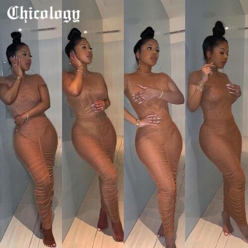 Chicology 2021 Summer Women Outfits Bodycon Wholesale See Through Mesh Bodycon Sexy Bodysuits Top Y2K Skirts Two Pieces Sets