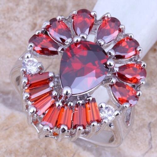 Clean Red Garnet White CZ Silver Plated Womens Ring Size 6 / 7 / 8 / 9 R1072