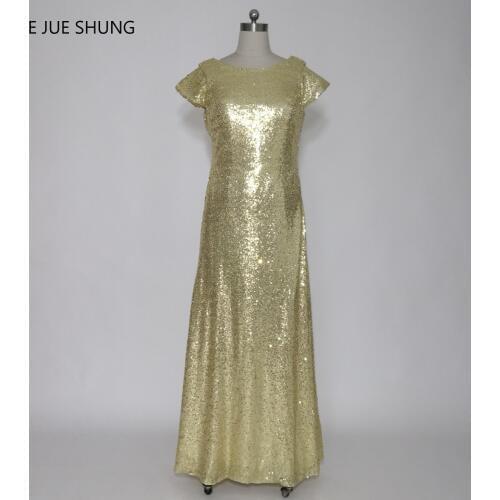 E JUE SHUNG Gold Sequin Backless Long Bridesmaid Dresses Cap Sleeves Cheap Wedding Party Dresses robe demoiselle d'honneur