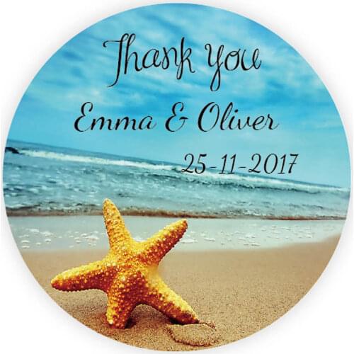 DouxArt 100 Pieces Custom Personalized, Thank You Wedding Stickers, 40mm Starfish Beach Wedding Party Communion Label P058