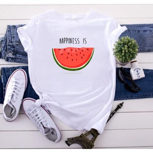 Happiness is Watermelon Printed T shirt Women Short Sleeve Summer Lady Tops T-Shirt Womens Clothing Tee Female Top