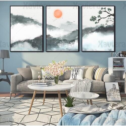 Chinese Painting Calligraphy Mountain Sunrise Natural Landscape Canvas Painting HD Prints Home Decoration Living Room Wall Art