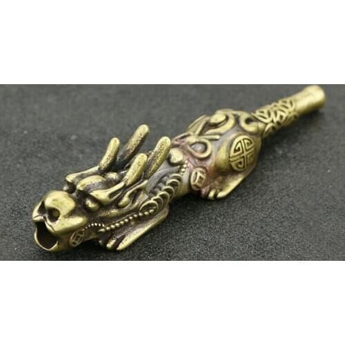 Chinese Copper Brass Dragon Head Small Fengshui Statue Cigarette Holder