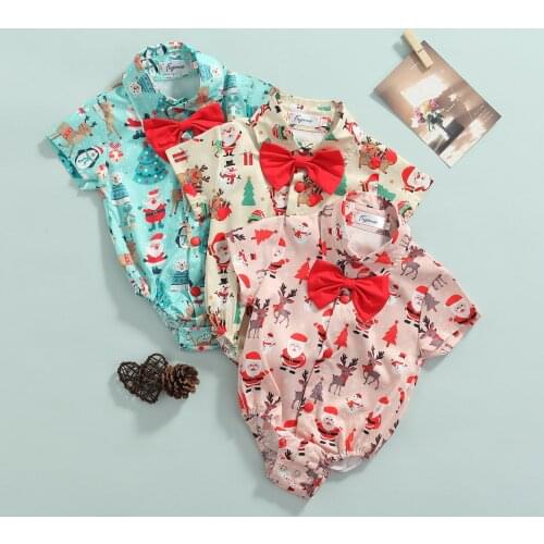 Toddler Boys Short Sleeve Romper Christmas Cartoon Pattern with Bow Single-breasted Jumpsuit Spring Summer Clothing