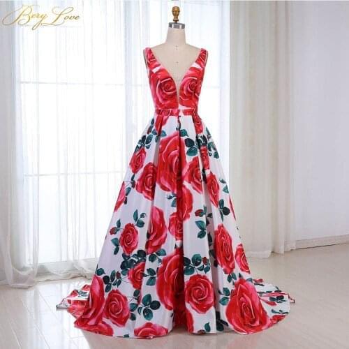 Red Floral Evening Dress 2020 Pattern Long V Neck Colorful Prom Dress Formal Party Gown Abendkleider 2020 Vestido robe de soiree