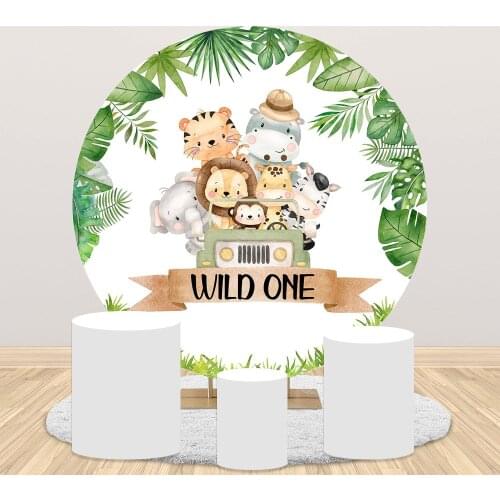 Wild One Backdrop Safari Jungle Round Background for Birthday Party Decoration Green Leaves Animals First Birthday Background