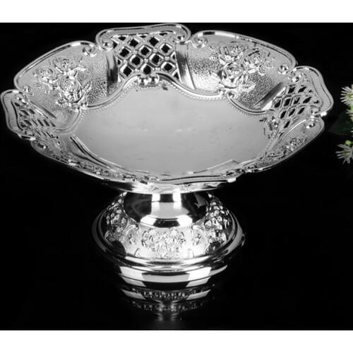 Shiny Silver Plating Rose Flower Fruit Bowl 18cm Zinc Alloy Round Dry Fruit Tray With Footed Base European Home Tabletop Plate