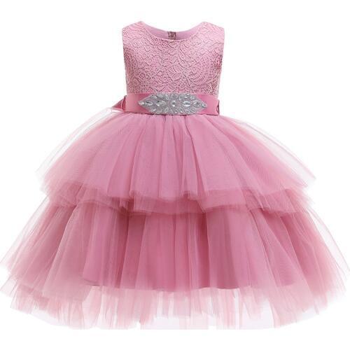 Girls Lace Belt tulle Party Dress Kids Elegent Sleeveless Lace Wedding Dress for Girls Tiered Christmas Princess Dresses Vestido