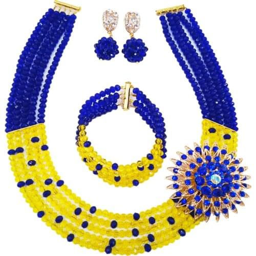 Fashionable royal blue and yellow crystal bead nigerian wedding african beads jewelry set for women