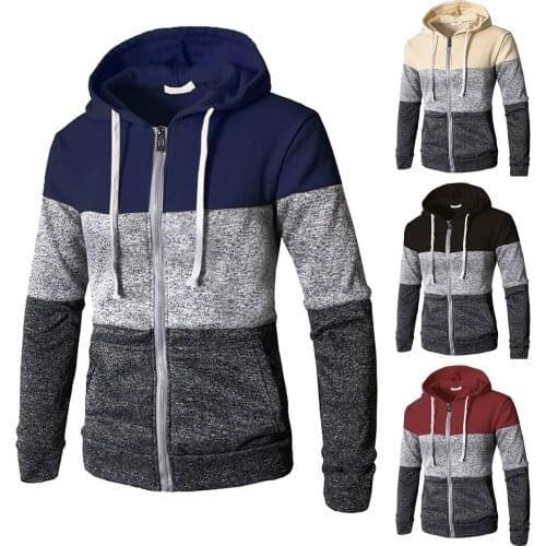 Mens Zipper Jackets Autumn And Winter Patchwork Coat Colorblock Long Sleeve Lace-up Hooded Cardigan Windbreaker Jackets