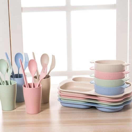 Wheat Straw Baby Tableware Set Dishes Plate Bowl Spoon Fork Cup Chopsticks Solid Food Feeding for Kid Children Creative Gift