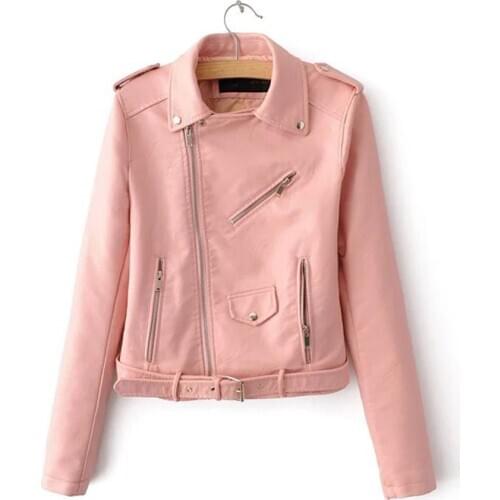 2019 New European and American style womens PU leather Coat Casual Pink locomotive leather jacket