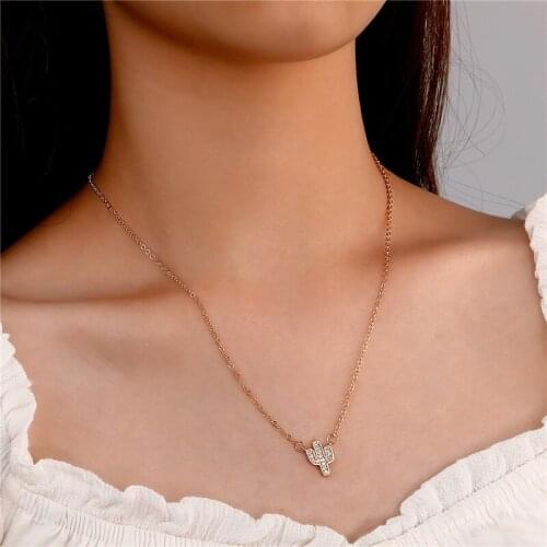 New Design Crystal Cactus Pendant Necklace For Women Girls Simple Style Plant Charms Copper Choker Collar Jewelry Party Gifts