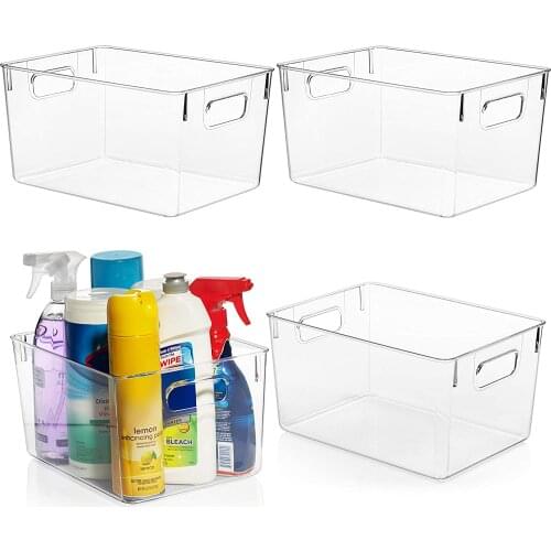 Refrigerator Organizer Clear Pantry Fridge Bins Household Plastic Food Storage Basket with Cutout Handles for Kitchen Countertop