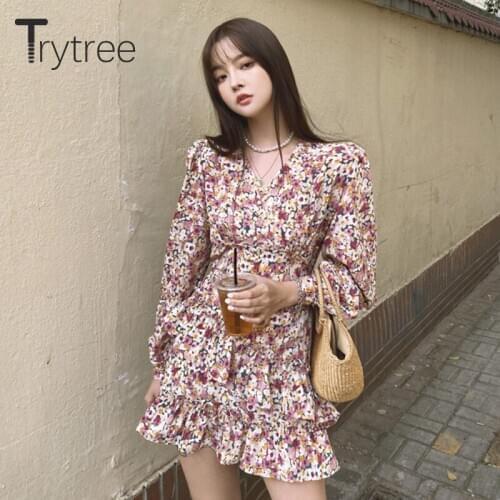 Trytree 2020 Autumn Women Dress Casual V-neck Elastic Waist Floral Ruffles Hem Boho Dress Puff Sleeve Thin Mini Sweet Dress