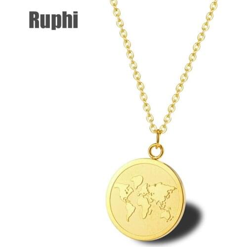 Steel Gold coin world map pendant Necklace female jewelry clavicle chain simple 3D convex earth sweater necklaces