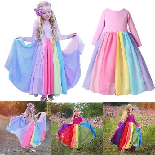Girls Fashion Dress Rainbow Princess Dress for Girls Casual Clothing Cotton Kids Pastel Colorful Dress INS Style Childrens Wear