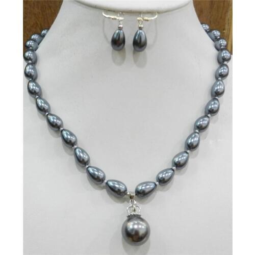 Prett Lovely Womens Wedding shipping>>>>>>Teardrop Dark Gray Akoya Cultured Shell Pearl Necklace Earring & 16mm Pendant AA