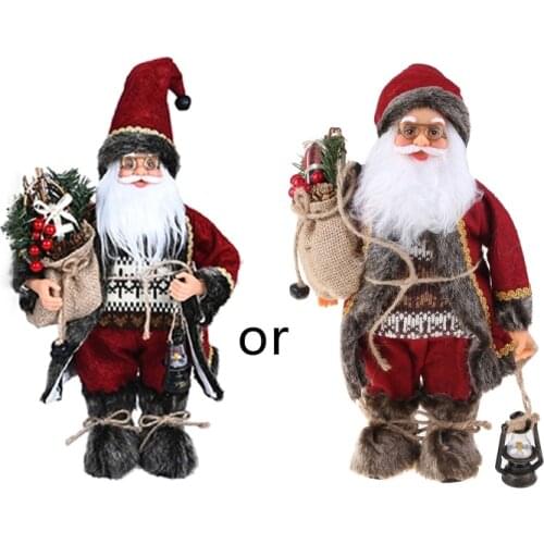 Christmas Santa Claus Holding Bear Doll Standing Figurines Xmas Toy Decoration