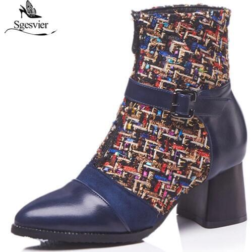 Sgesvier woman fashion designer fabric cotton plaid pattern British style front zip ankle buckle boots for ladies size 48 OX982