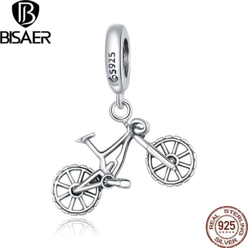 BISAER Mountain Bike Beads 100% 925 Sterling Silver Charm Pendant Fit DIY Making Bracelet Necklace Jewelry EFC384