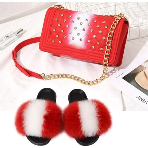 New Women Fluffy Fox Fur Slides Fashion One Shoulder Jelly Bag Wallet Messenger Bag Ladies Indoor Plush Fur Slippers Vendor Hot