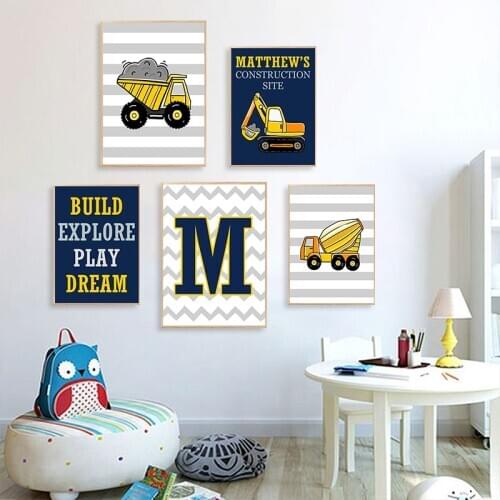 Construction Trucks Personalized Name Initial Canvas Painting Poster Print Boy Room Wall Art Pictures Kids Bedroom Home Decor