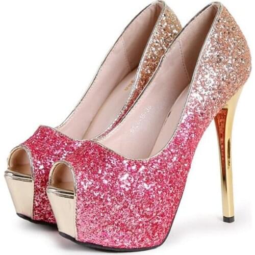 Women Pumps Stilettos Ladies Shoes Sequined Cloth Slip On 14CM Thin High heel Peep Toe waterproof Bling Party women shoes 2020