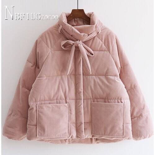 Apricot Yellow Green Pink Blue Colors Women Parkas S-XL Bowknot Corduroy Female Coat