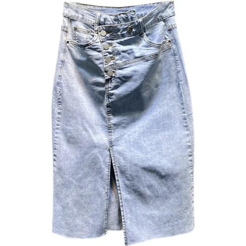 2021 summer vintage single breasted denim skirt women high waist elastic package hip a-line skirt