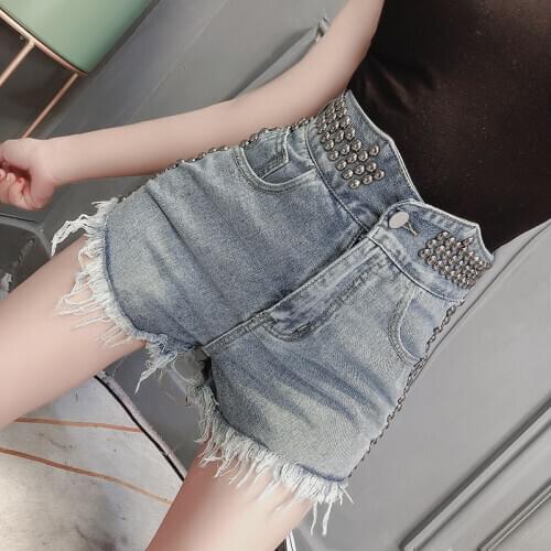 Womens denim shorts female 2020 summer new Korean version of high waist loose bead edging edging hot shorts