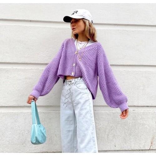 SEASONS Casual Oversized Knitted Cropped Cardigan Sweater Puff Sleeve Jumper Women Chic Loose Autumn Crop Top Purple ASSW81523