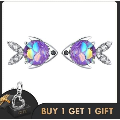 Bisaer 925 Sterling Silver Dazzling CZ little Fish Colorful Stud Earrings for Women Fine Sterling Silver Jewelry ECE1028