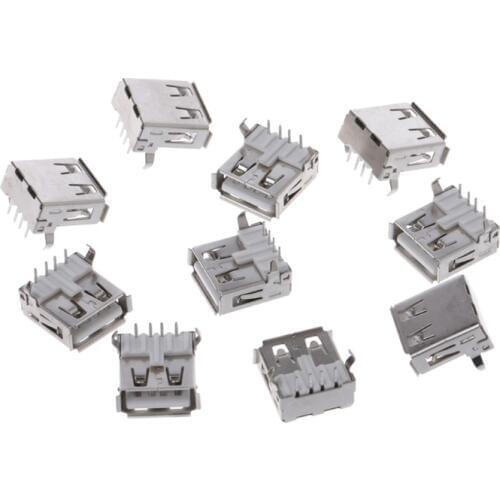 10 Pcs USB 2.0 Female Type-A 4 Pin Socket Connector 90 Degree Right Angle