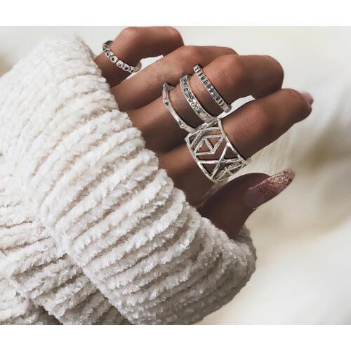 2sets/pack New personality fashion ancient silver carved six-piece ring vintage love personality joint ring high quality jewelry
