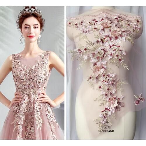 Pink 3D Flower Embroiderey Pearl Beaded Lace Applique Lace Trim Dress Fabrics Material Colors Patch