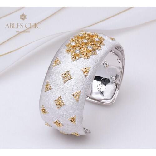 18K Gold Tone Renaissance Fretwork Engraved Floral Open Bangle White CZ Diamonds Tradition Silky Wedding Wide Cuffs Fine Jewelry