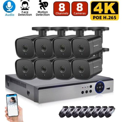 8MP 8ch NVR CCTV Camera System POE Outdoor AI Smart Face Detection Audio Security Surveillance Camera System Set 4K NVR Kit POE