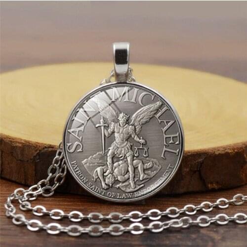 Archangel St.Michael Necklace Protect Me Saint Shield Angel Protection Glass Gem Pendant Orhodox Amulet Christian Jewelry Gift