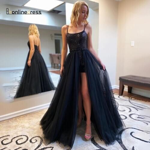 Black Two Pieces Prom Dress Tulle A Line Spaghetti Strap Split Long Formal Party Gown Elegant Evening Dress vestido de festa